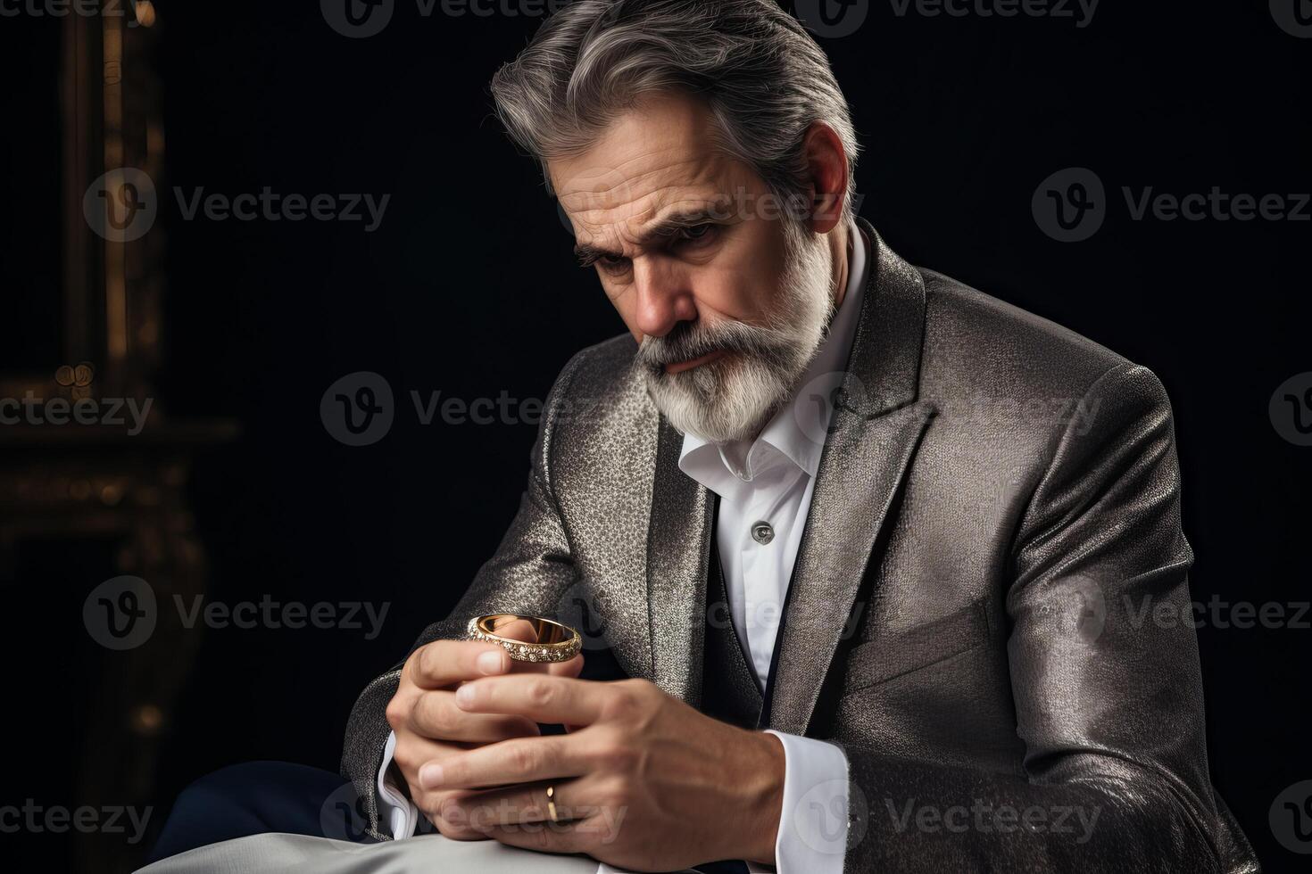AI generated Mature man looking on wedding ring after conflict. Generate Ai photo