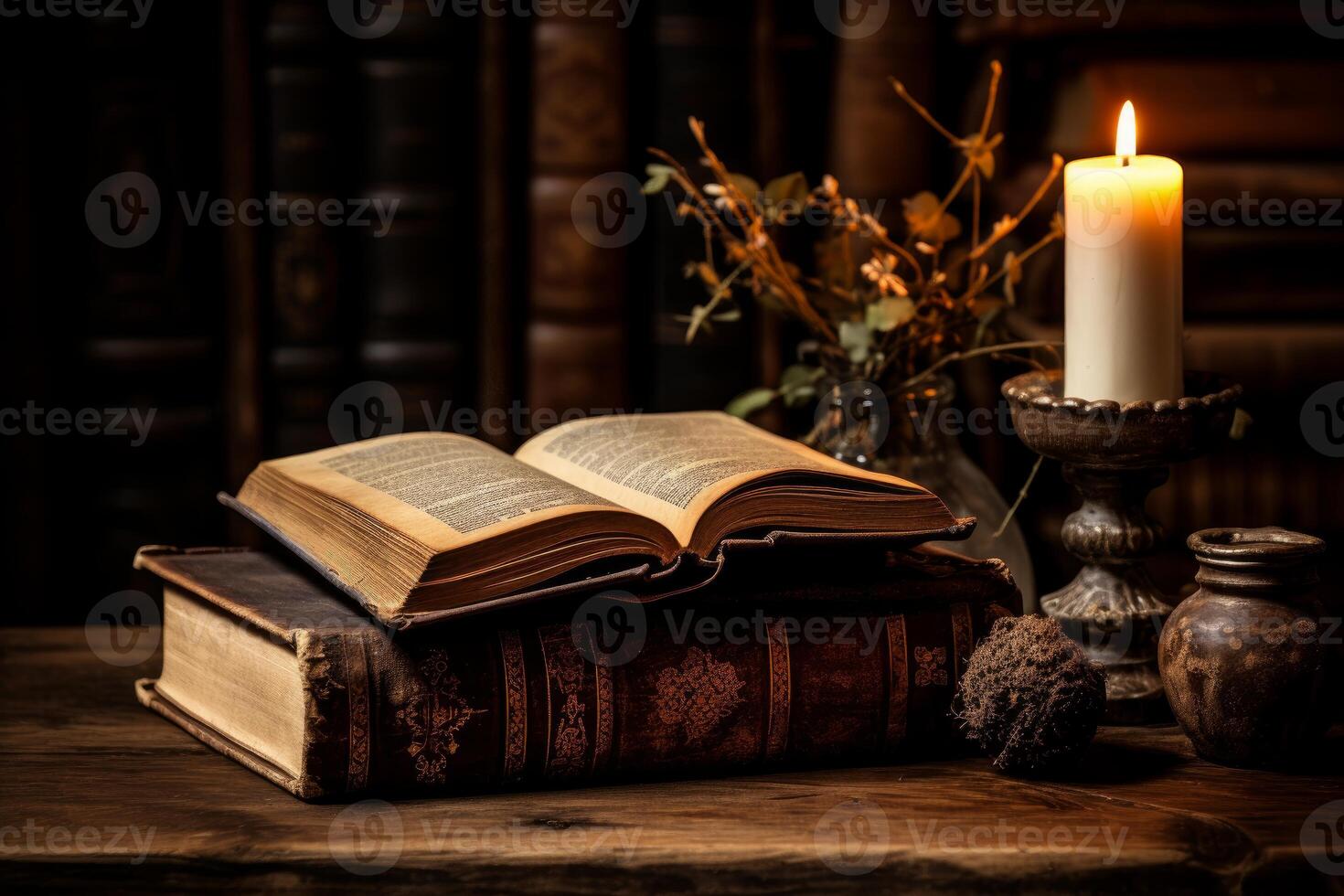 AI generated Rustic Old book and candles on wooden table. Generate AI photo