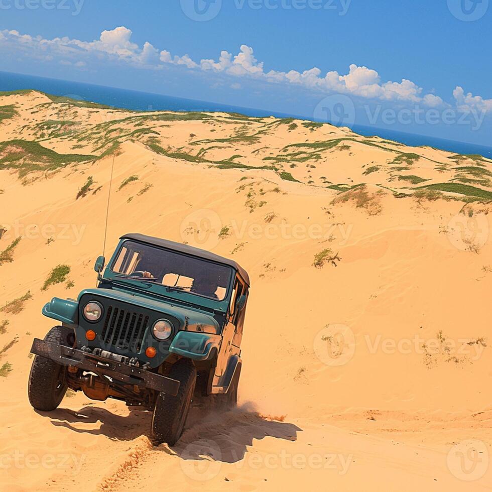 AI generated Adventure in Vietnam Jeep car on Mui Ne sand dunes For Social Media Post Size photo