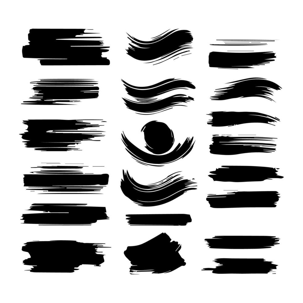 Set of black paint, ink brush strokes, brushes, lines, grungy. Dirty artistic design elements, boxes, frames. Vector illustration. Isolated on white background. Freehand drawing.