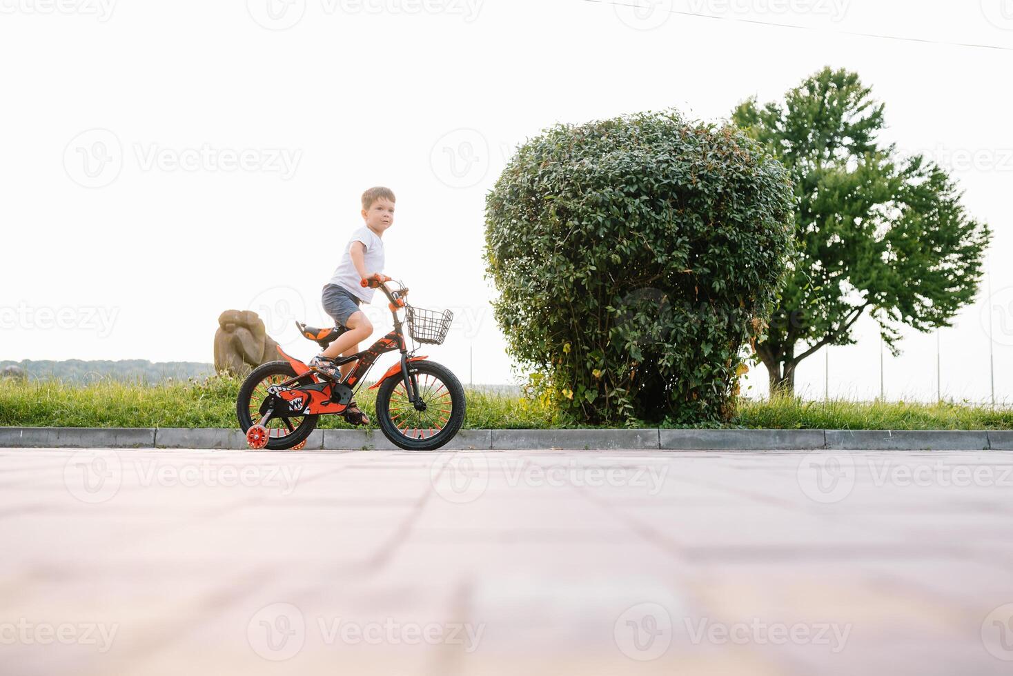 Happy boy ride a bicycle in city park photo