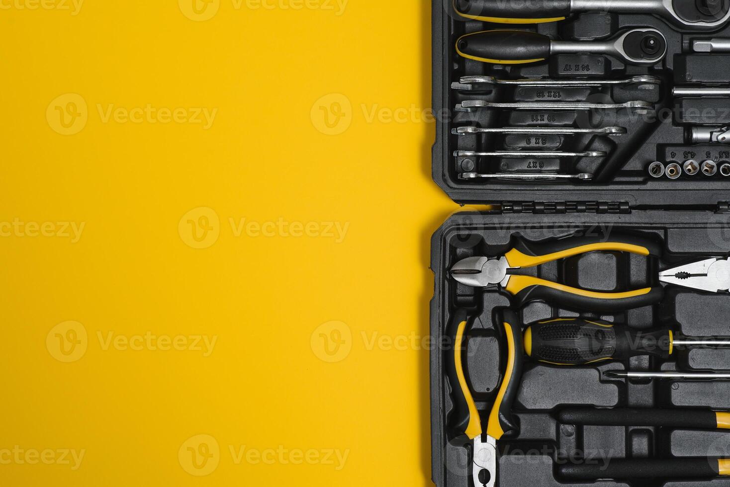 Box with set of tools for car repair, closeup. photo