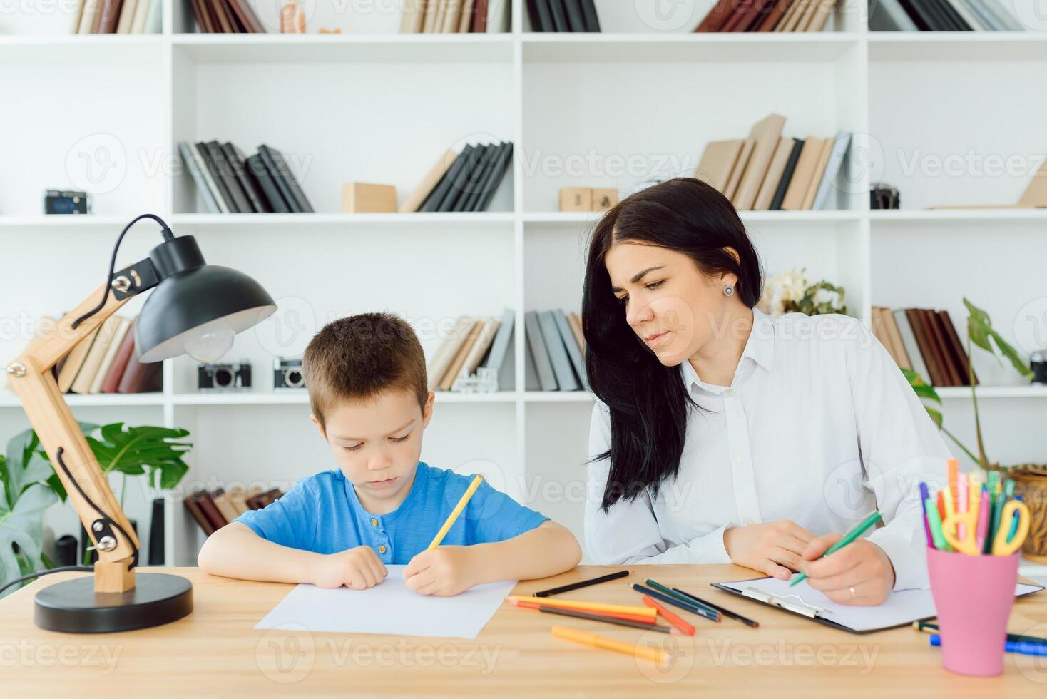 Child psychologist working with boy in office photo