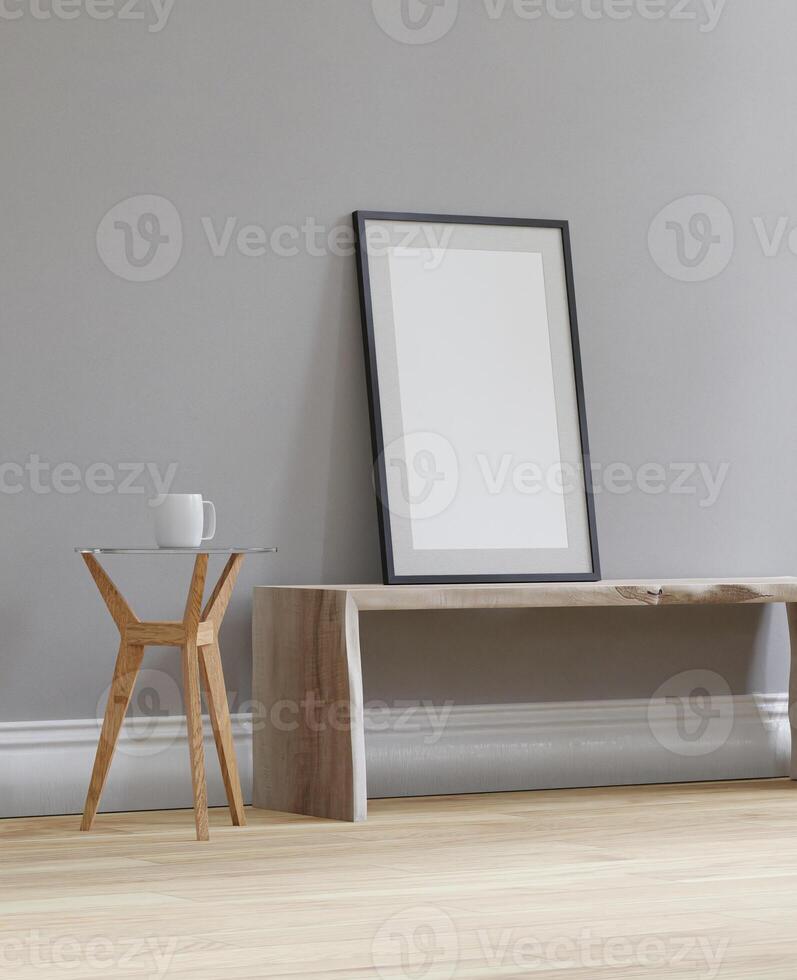 mockup on the seat cozy home interior, empty frame and light gray wall background. room 3D rendering. photo