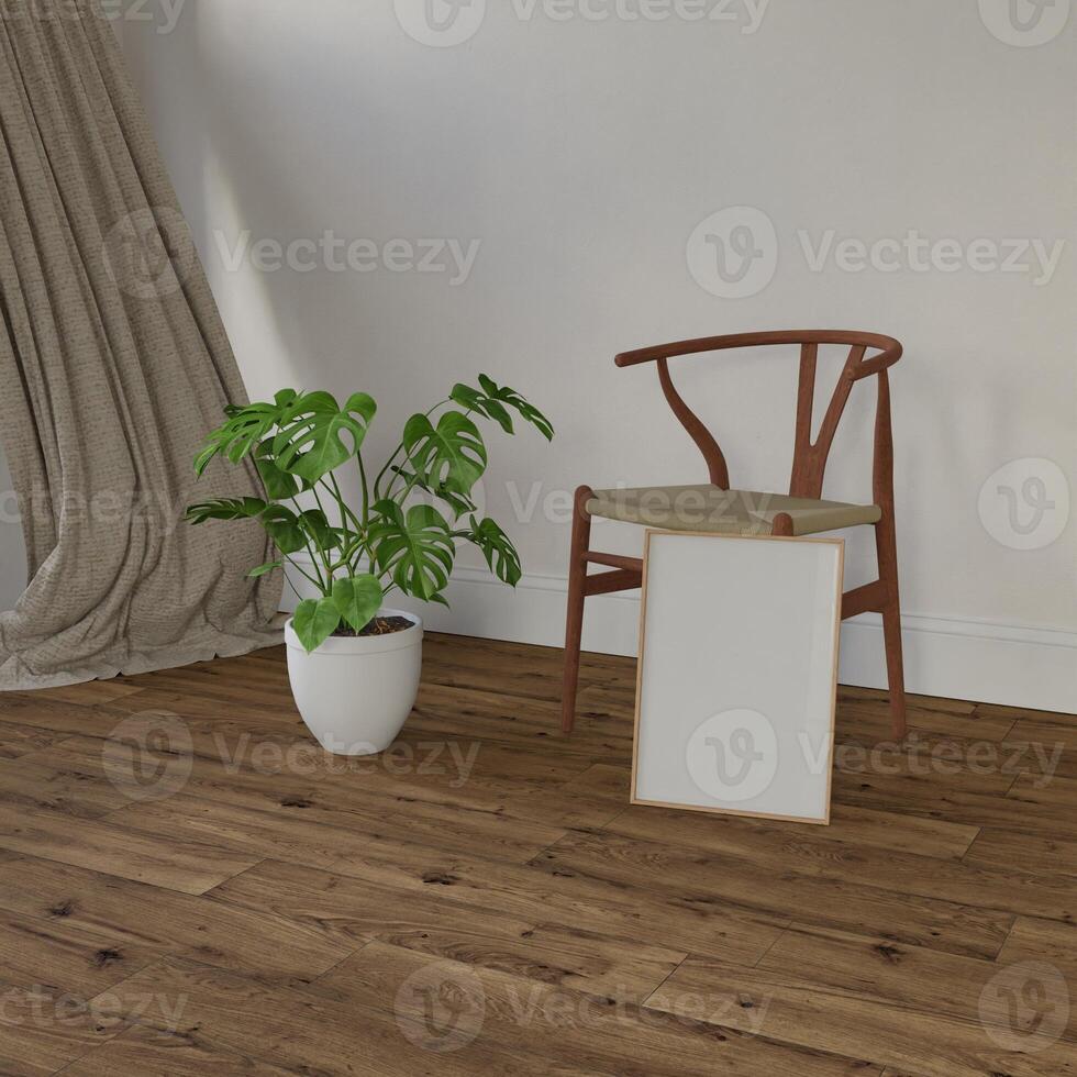 Frame interior, mockup frame, poster wood vertical on wooden floor in empty picture interior in illustration and plant 3d rendering. photo