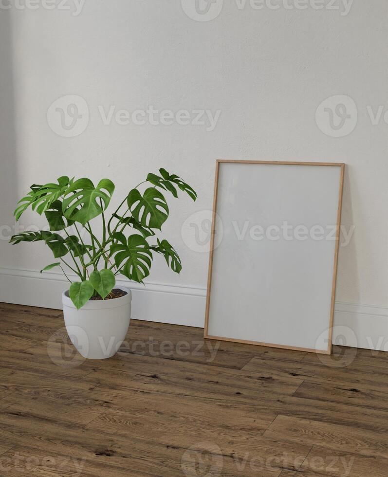 Frame interior, mockup frame, poster wood vertical on wooden floor in empty picture interior in illustration and plant 3d rendering. photo