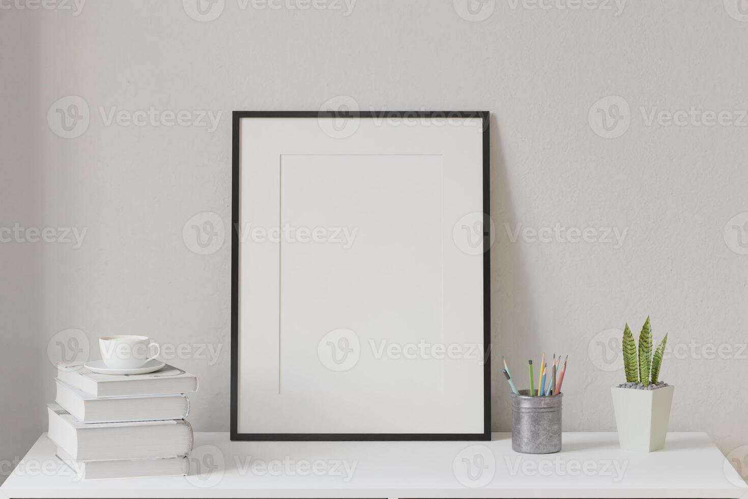 Photo frame mockup on desk in elegant morning space with coffee cup, book, decorative vase, home office idea. Scandinavian interior design, 3D interior room background