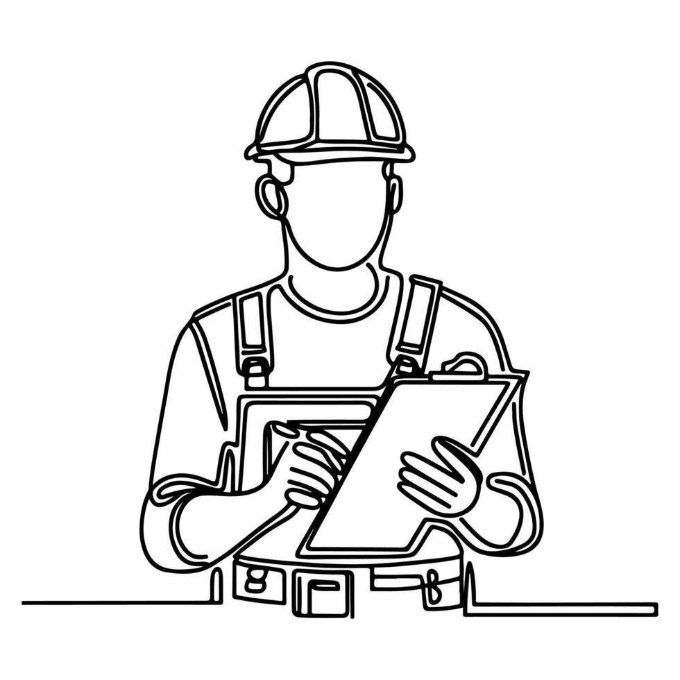 AI generated Happy Labor Day worker man wearing hard hat continuous one line draw design black outline drawing Labor Day icon concept sketch of the workers doodle style vector