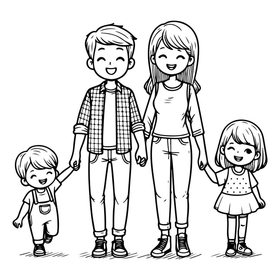 AI generated kid drawing happy family cartoon character outline doodle for coloring book page vector illustration on white background