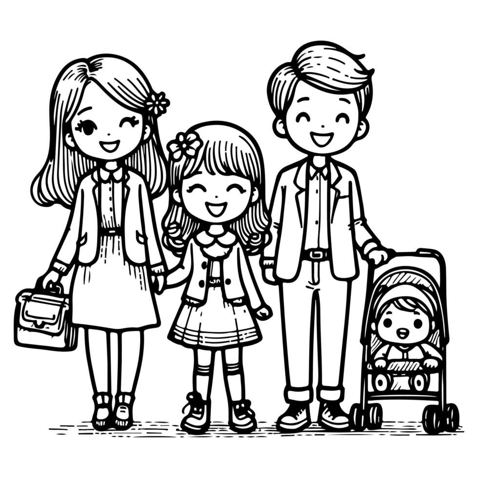 kid drawing happy family cartoon character outline doodle for coloring book page vector illustration on white background
