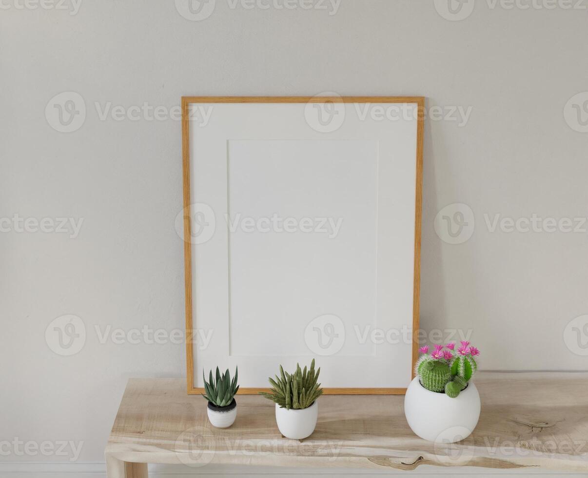 Frame interior, mockup frame, poster wood frame on the table in empty picture living room interior vertical wooden floor There in illustration 3d rendering. photo