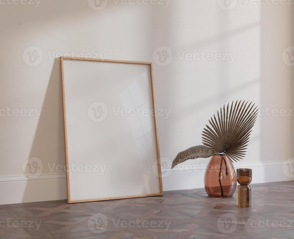 Mockup empty, poster frame,  close up, interior empty room background, 3d rendering. photo