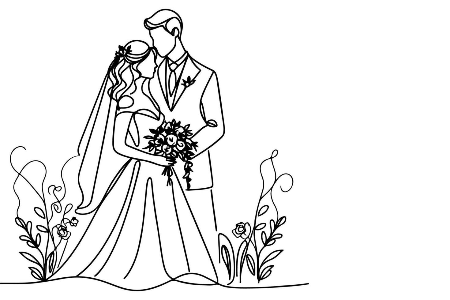 AI generated One continuous single drawing black line art doodle wedding couple bride and groom outlne vector illustration on white background