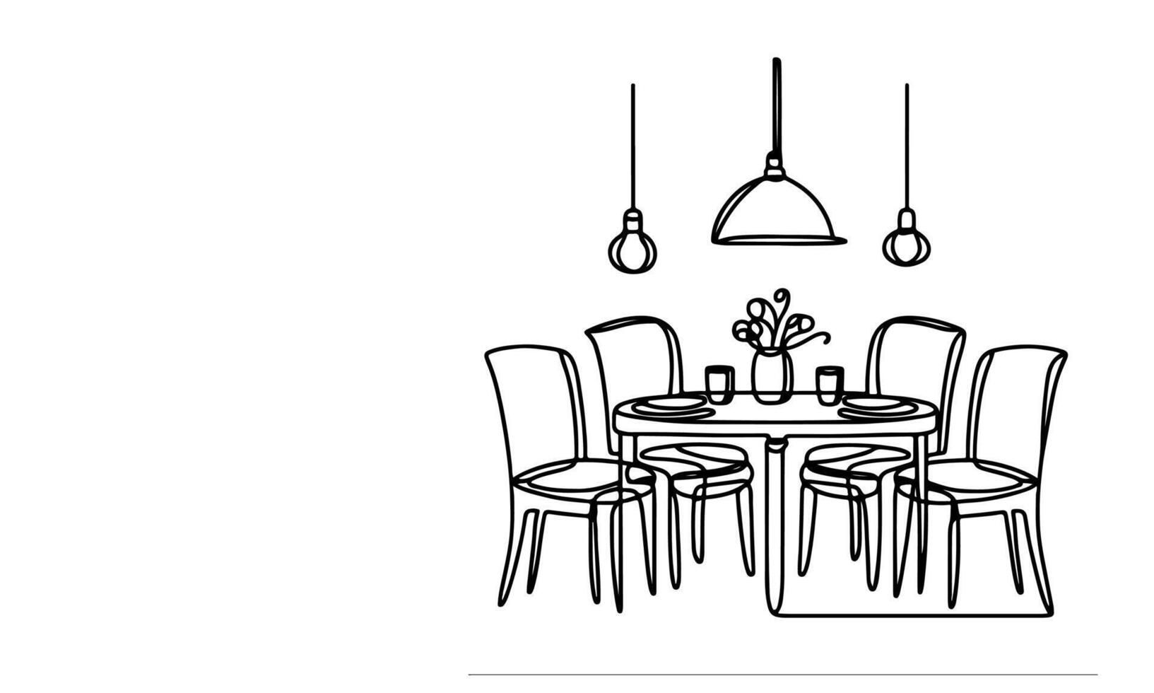 AI generated one continuous black line drawing Dining table and chairs outline doodle vector illustration on white background
