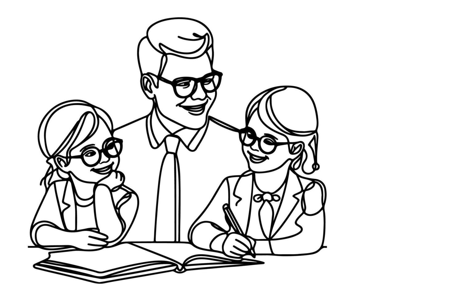 AI generated one continuous black line drawing young father teaching or helping his little daughter doing homework outline doodle vector illustration on white background