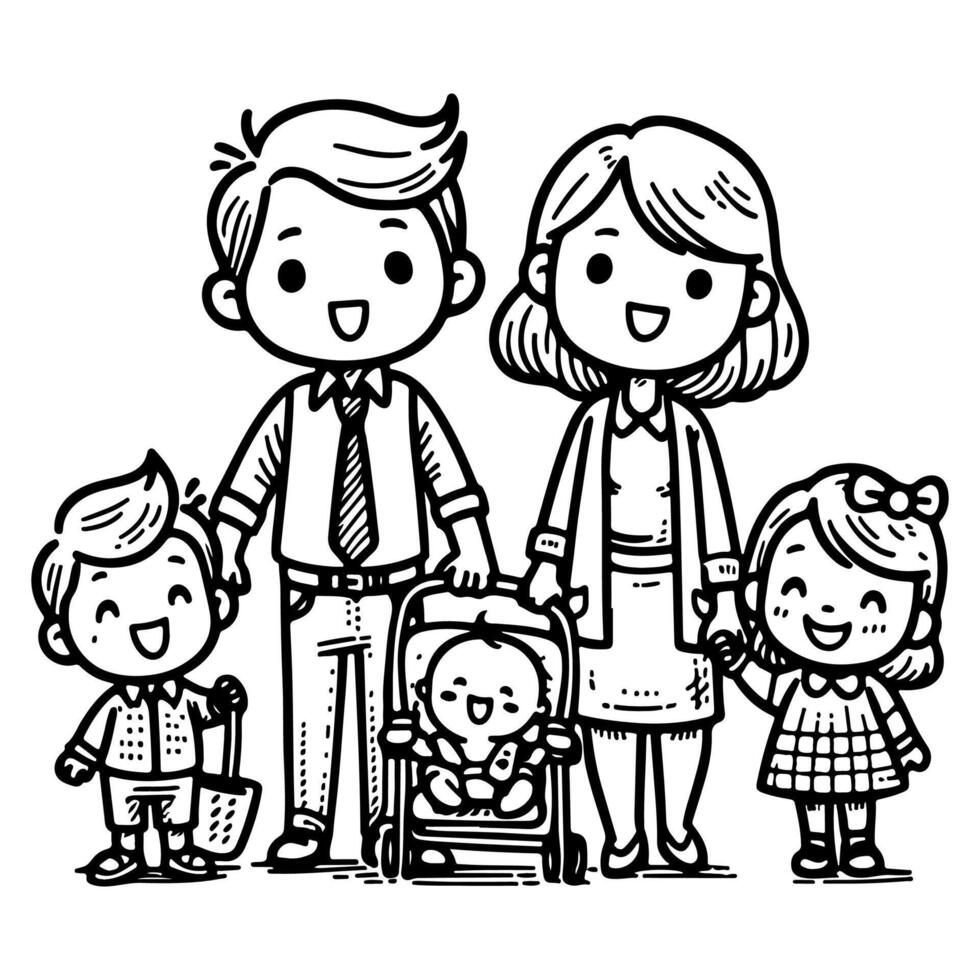 kid drawing happy family cartoon character outline doodle for coloring book page vector illustration on white background