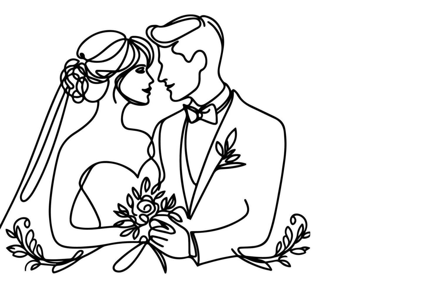 ai generado uno continuo soltero dibujo negro línea Arte garabatear Boda Pareja novia y novio outlne vector ilustración en blanco antecedentes