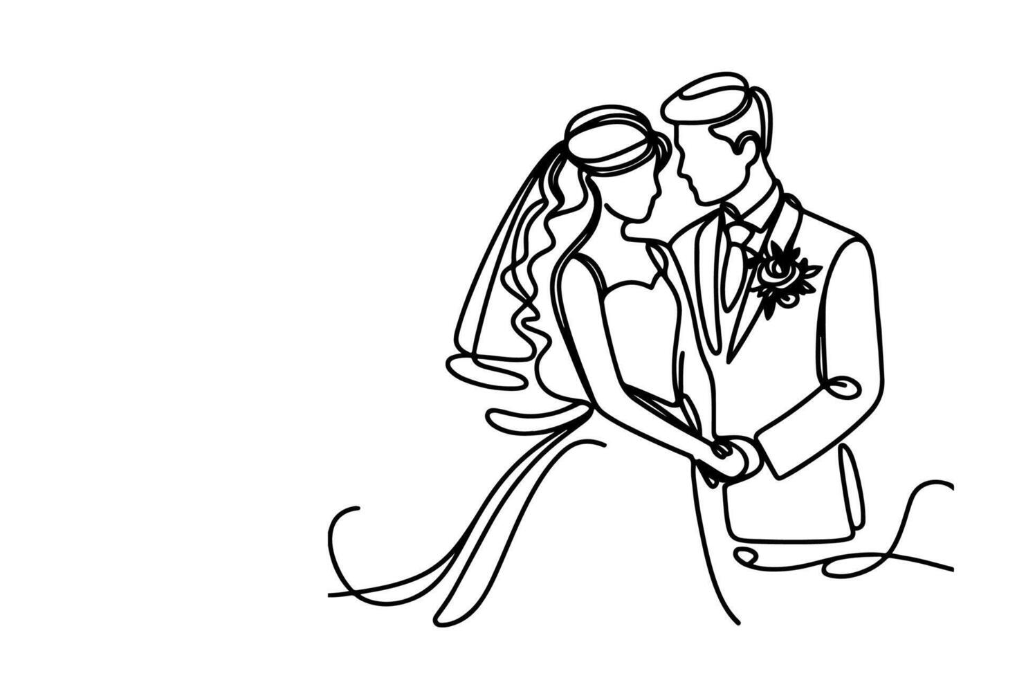 AI generated One continuous single drawing black line art doodle wedding couple bride and groom outlne vector illustration on white background