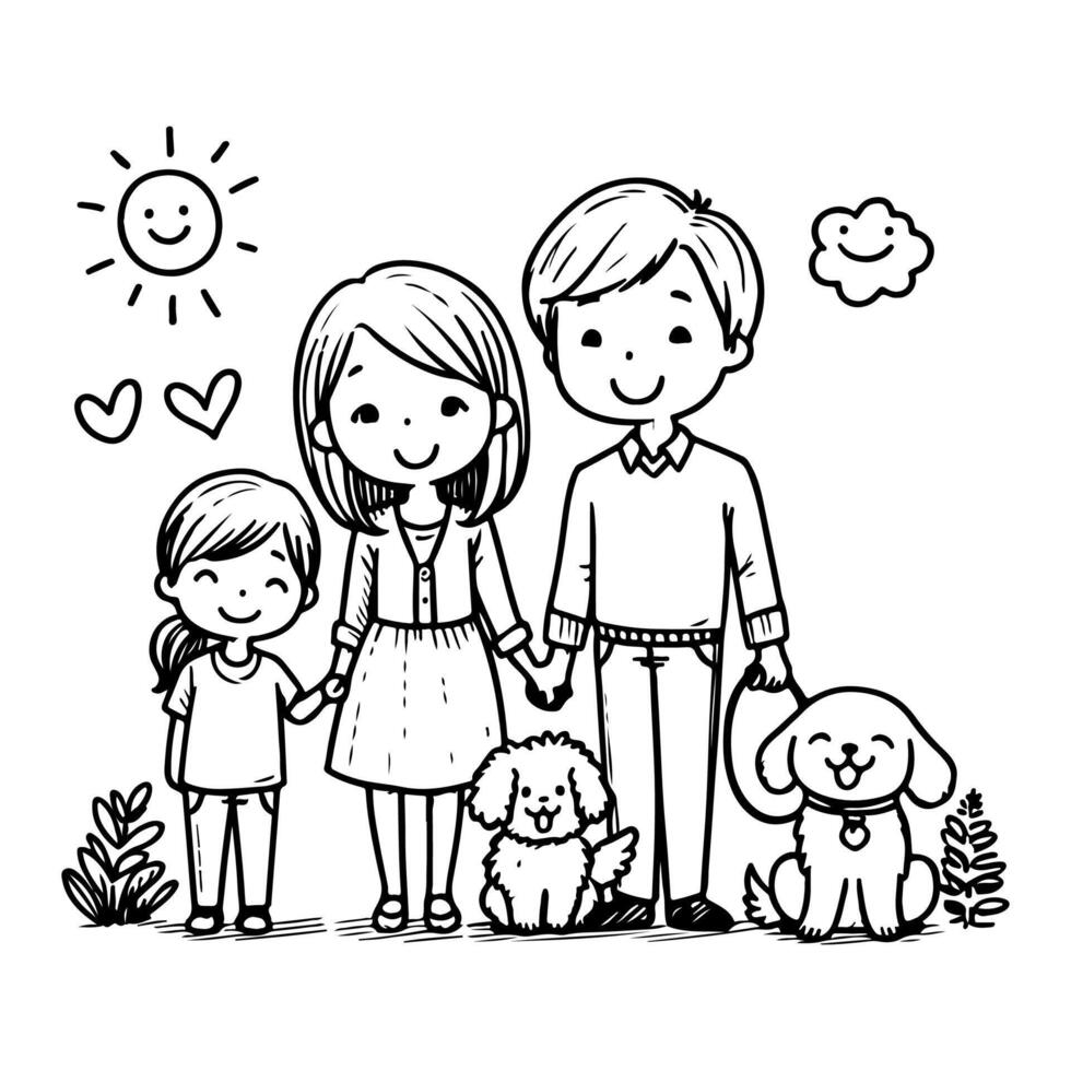 AI generated drawing happy family with dog cartoon character doodle vector illustration on white background