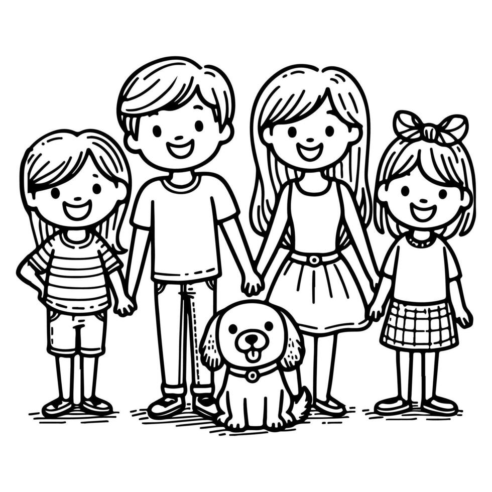 ai generado dibujo contento familia con perro dibujos animados personaje garabatear vector ilustración en blanco antecedentes