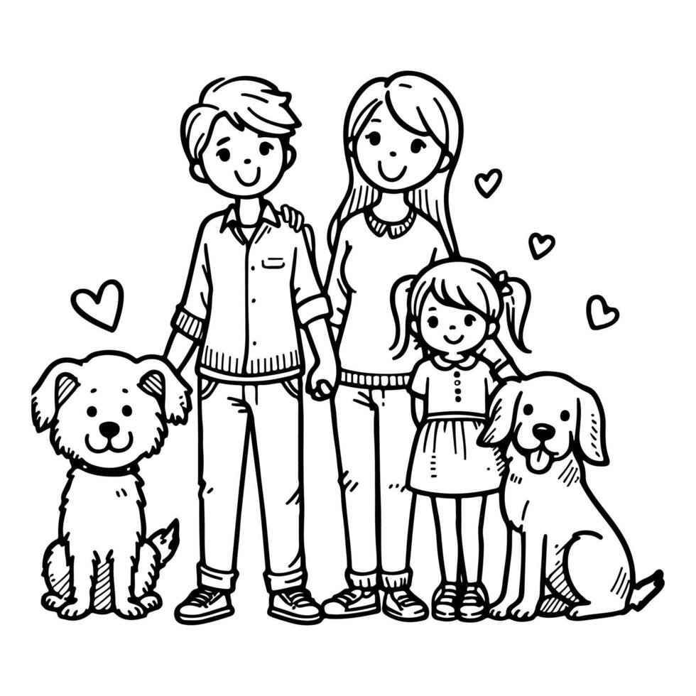 ai generado dibujo contento familia con perro dibujos animados personaje garabatear vector ilustración en blanco antecedentes