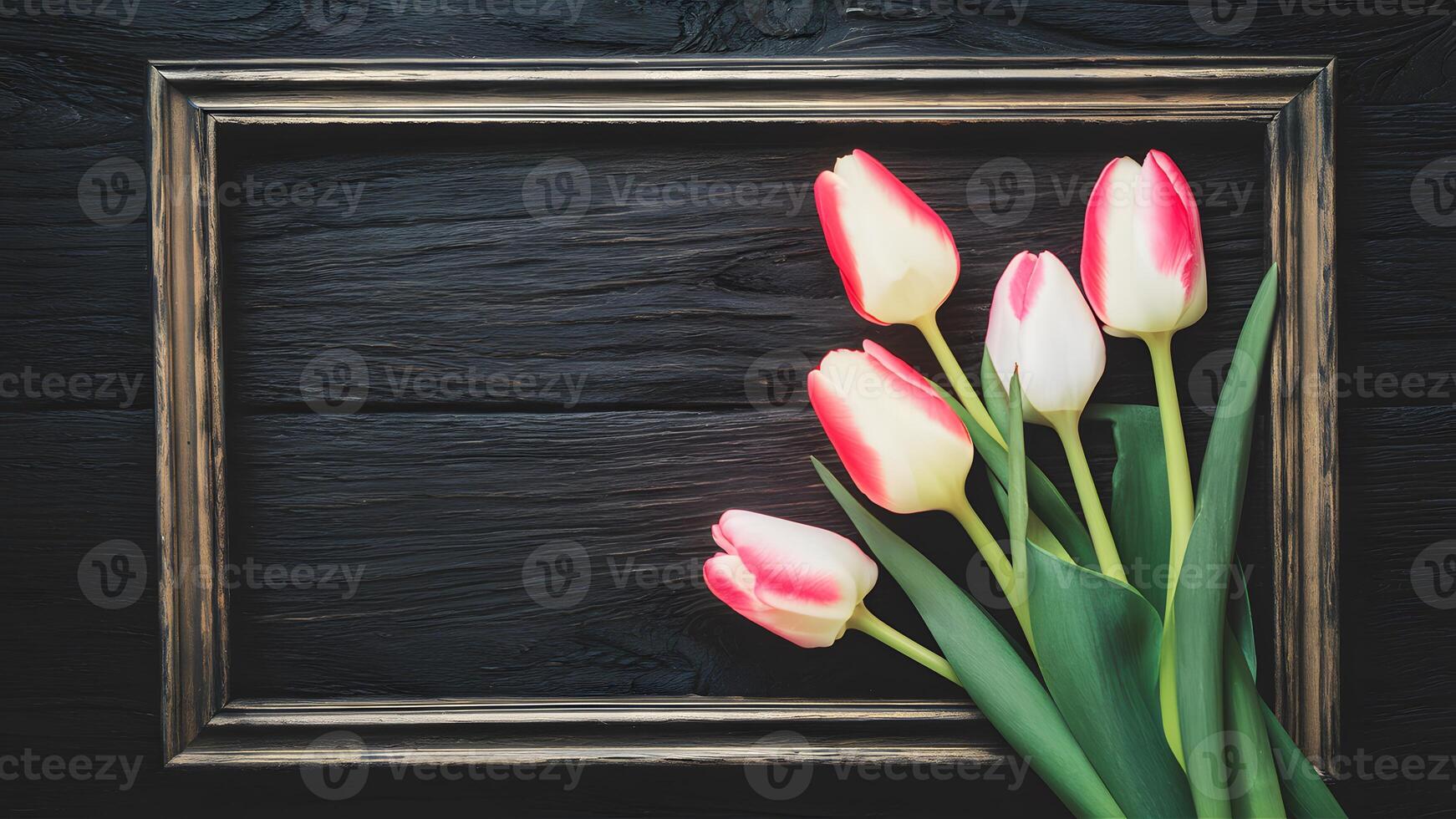 AI generated Spring flowers tulips framed on dark rustic wooden background photo