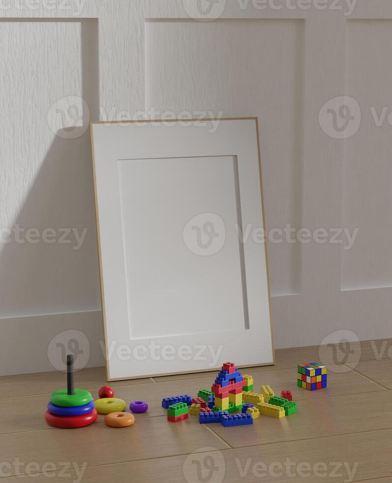 Frame interior, mockup frame, poster wood vertical on wooden floor in empty picture interior in illustration and children's toy 3d rendering. photo