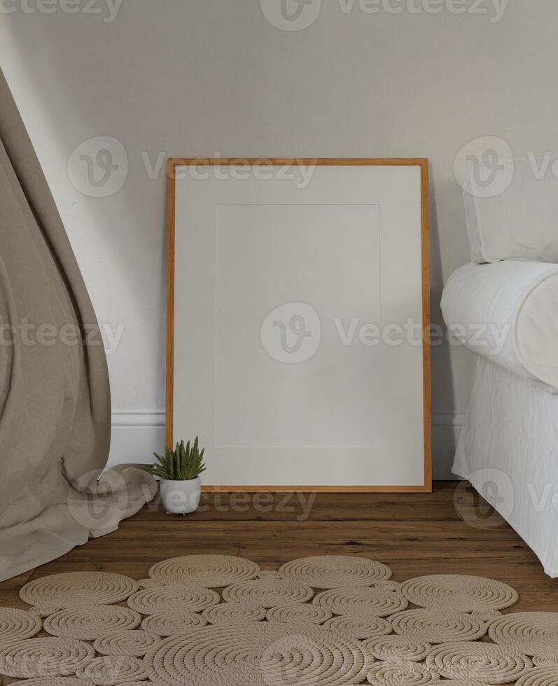 Frame interior, mockup frame, poster wood vertical on wooden floor in empty picture interior in illustration and plant 3d rendering. photo
