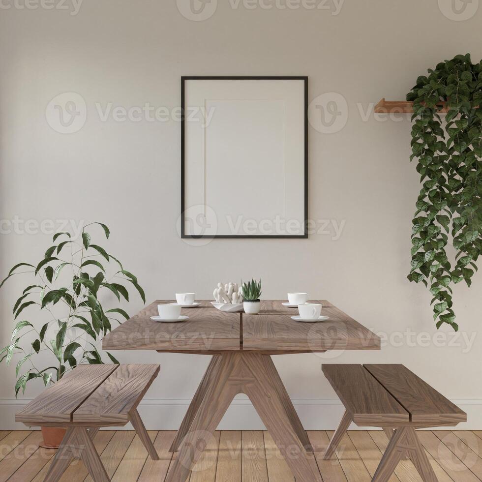 Frame interior, mockup frame, poster wood in empty picture interior dining table cozy home room in illustration 3d rendering. photo