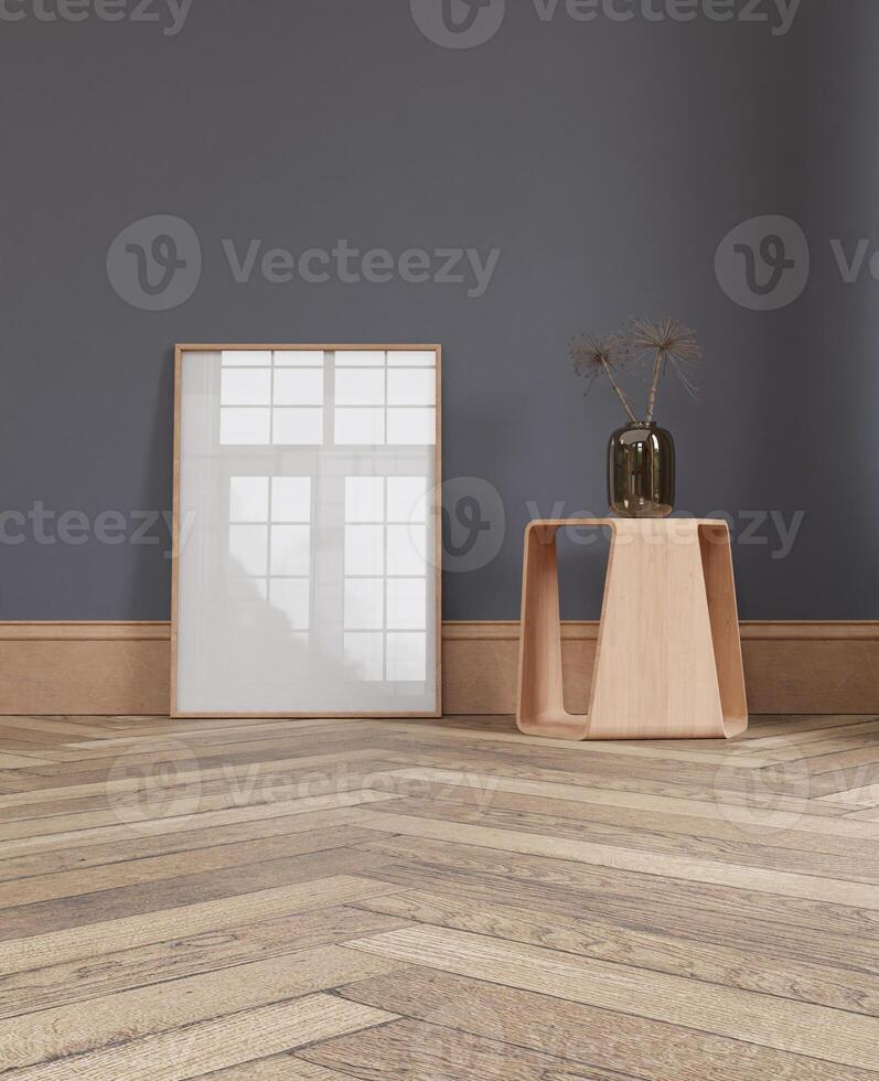 Mockup poster wood frame in empty picture interior vertical on floor illustration 3d rendering. photo