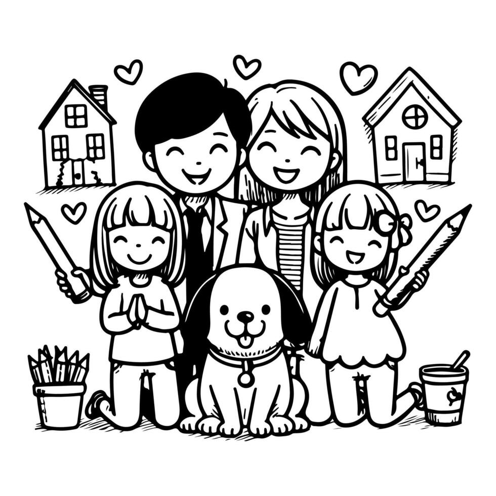 AI generated drawing happy family with dog cartoon character doodle vector illustration on white background