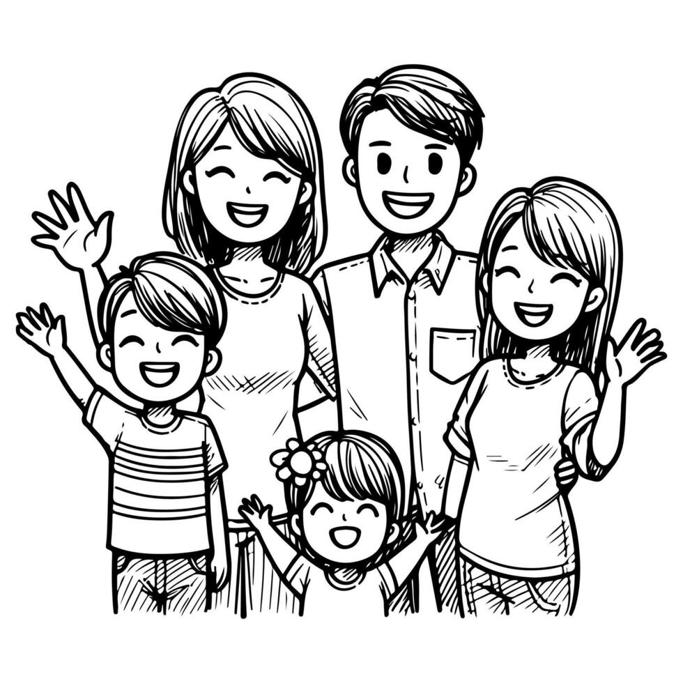 AI generated kid drawing happy family cartoon character outline doodle for coloring book page vector illustration on white background