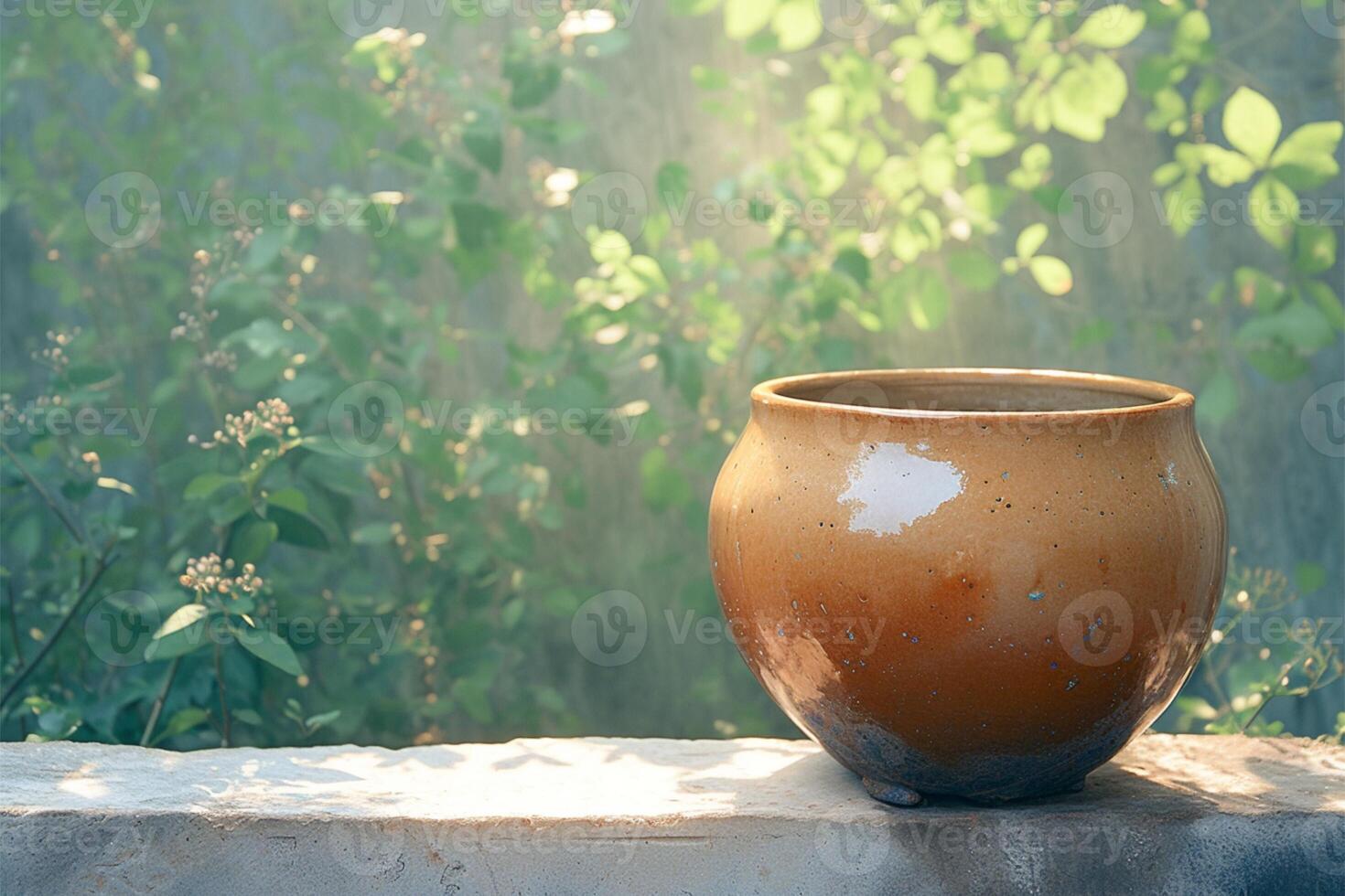 AI generated Rustic ceramic pot showcased in a close view amidst trees photo