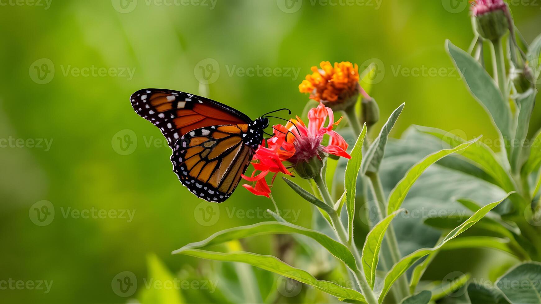 ai generado verde vegetación fondo Destacar monarca mariposa en algodoncillo flor foto