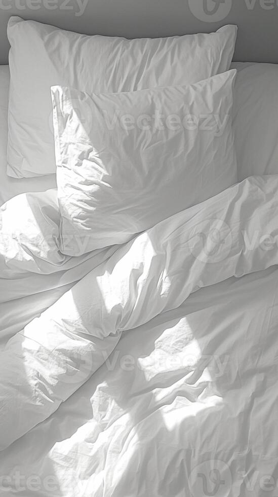 AI generated Cozy chaos Messy white bedding sheets and pillows, black and white Vertical Mobile Wallpaper photo