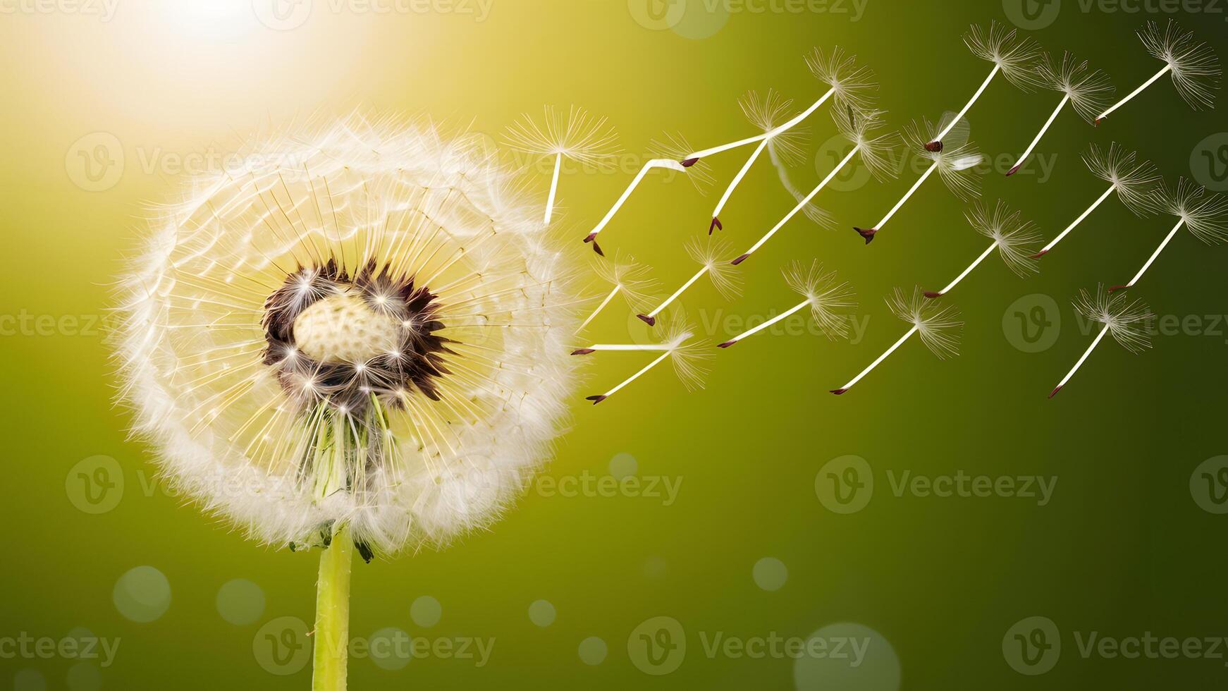 AI generated Dandelion clock morning sun seeds blowing away across fresh green background photo