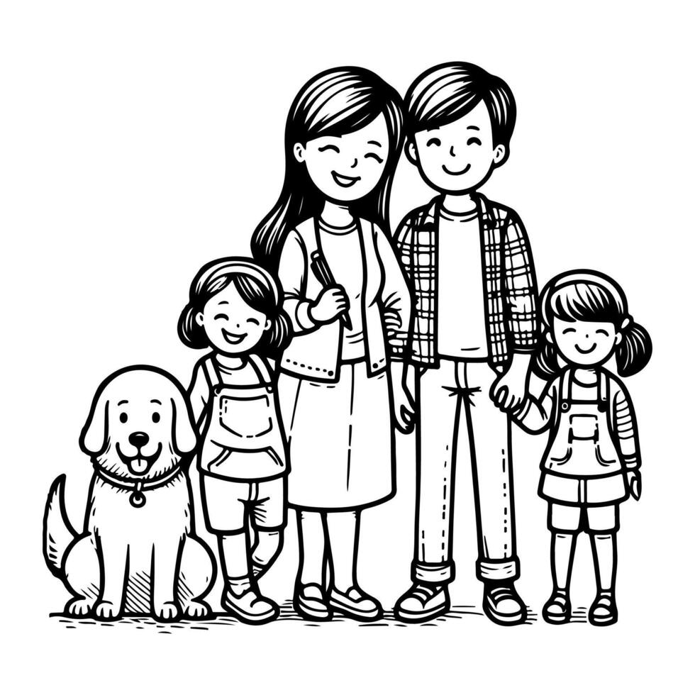 ai generado dibujo contento familia con perro dibujos animados personaje garabatear vector ilustración en blanco antecedentes