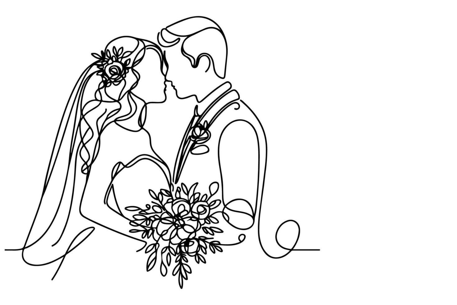 AI generated One continuous single drawing black line art doodle wedding couple bride and groom outlne vector illustration on white background