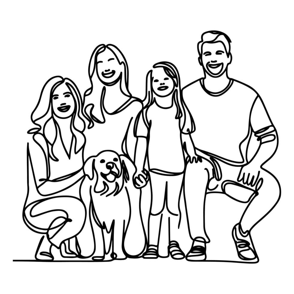 AI generated drawing happy family with dog cartoon character doodle vector illustration on white background