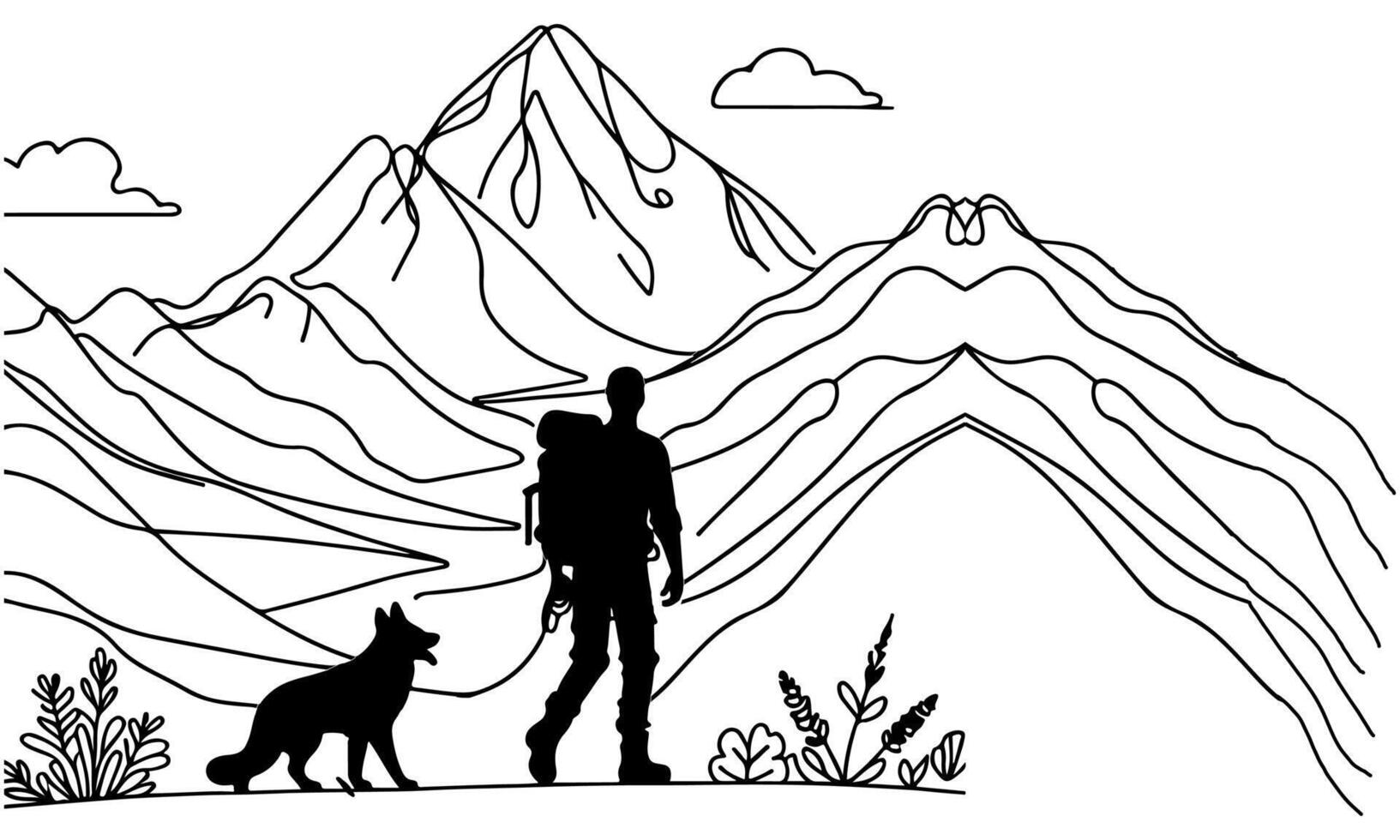 AI generated one continues black line drawing hiking man with back page at mountain landscape forest outline doodle horizontal vector illustration on white background