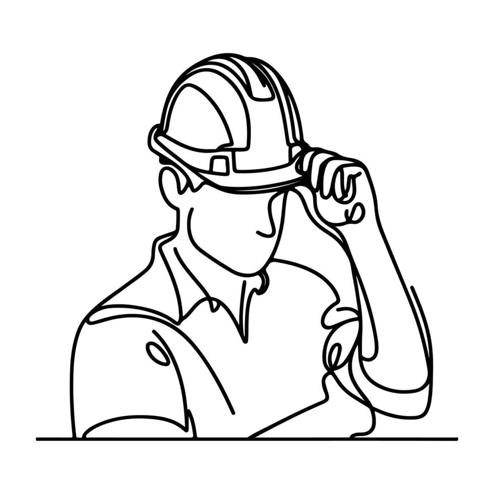 AI generated Happy Labor Day worker man wearing hard hat continuous one line draw design black outline drawing Labor Day icon concept sketch of the workers doodle style vector