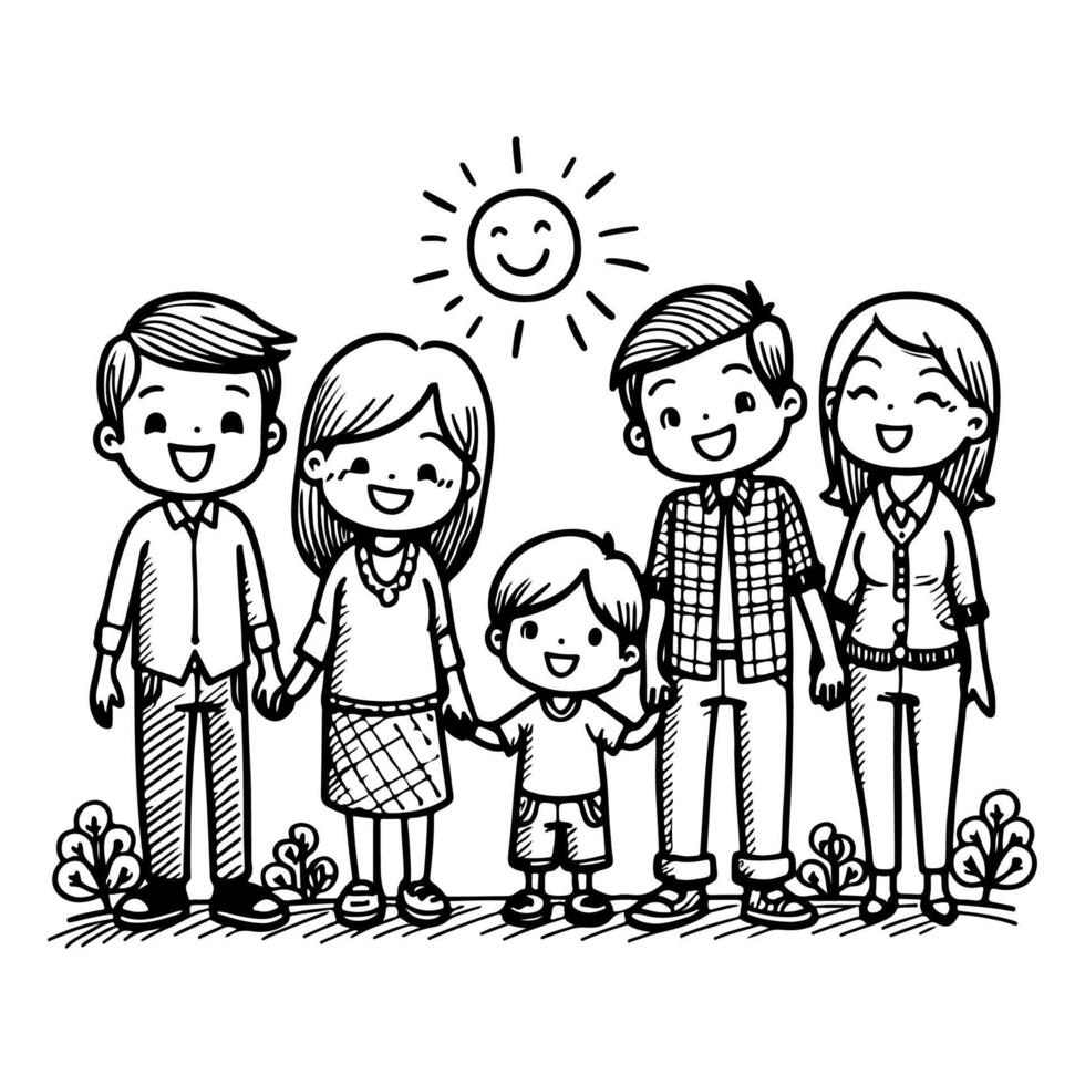 kid drawing happy family cartoon character outline doodle for coloring book page vector illustration on white background