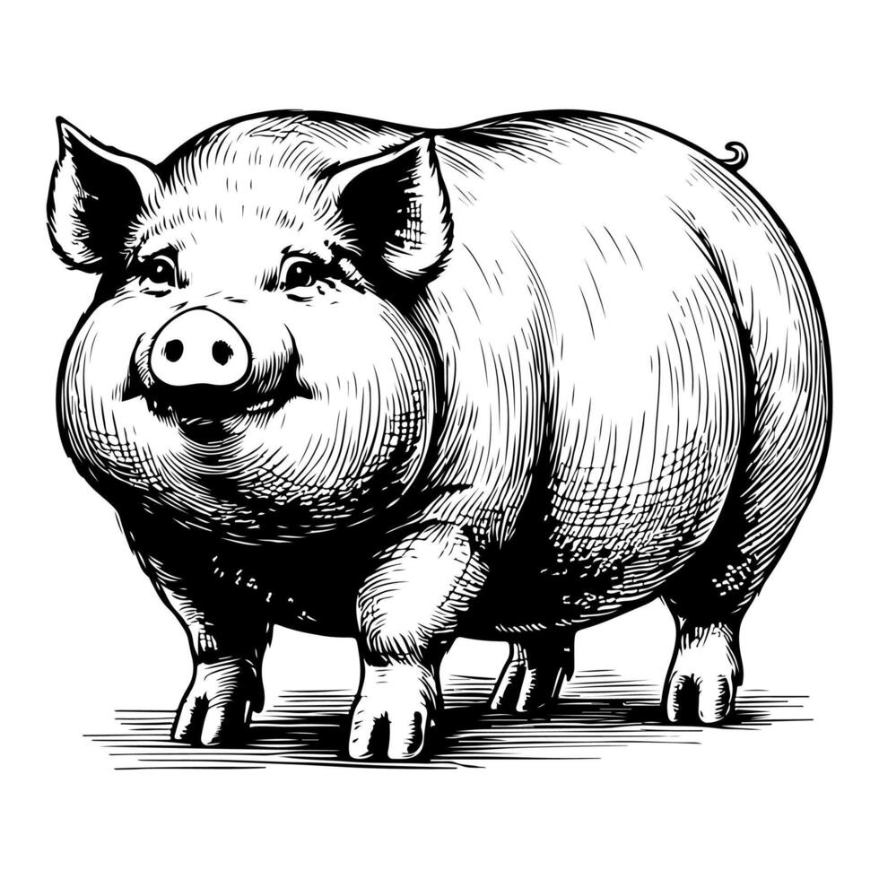 AI generated hand draw black sketch Big fat pig vector illustration isolated on white background