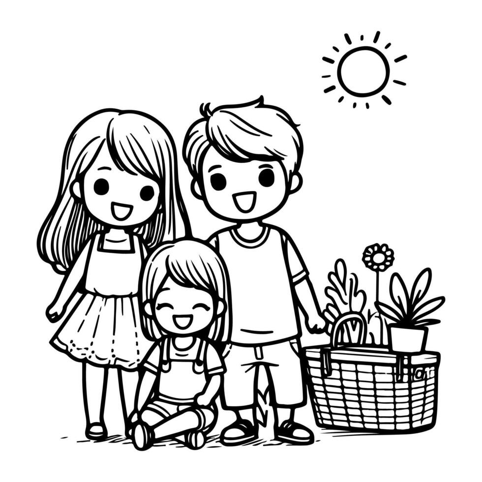 kid drawing happy family cartoon character outline doodle for coloring book page vector illustration on white background