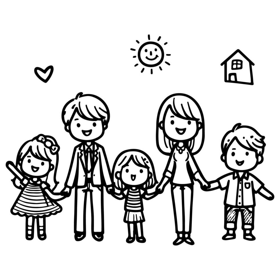 AI generated kid drawing happy family cartoon character outline doodle for coloring book page vector illustration on white background