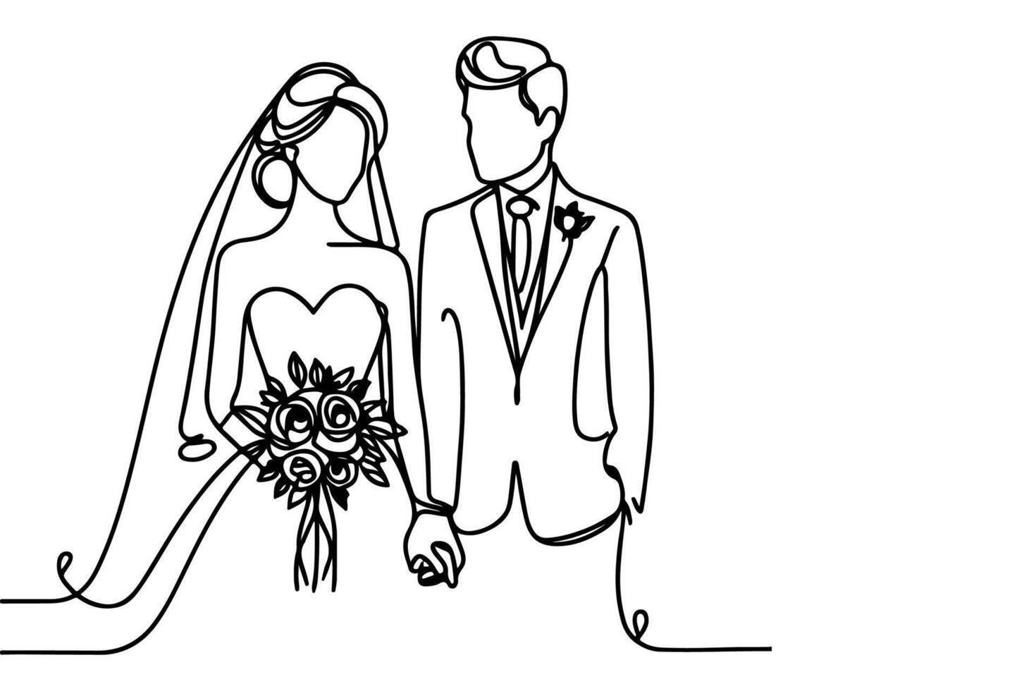 AI generated One continuous single drawing black line art doodle wedding couple bride and groom outlne vector illustration on white background