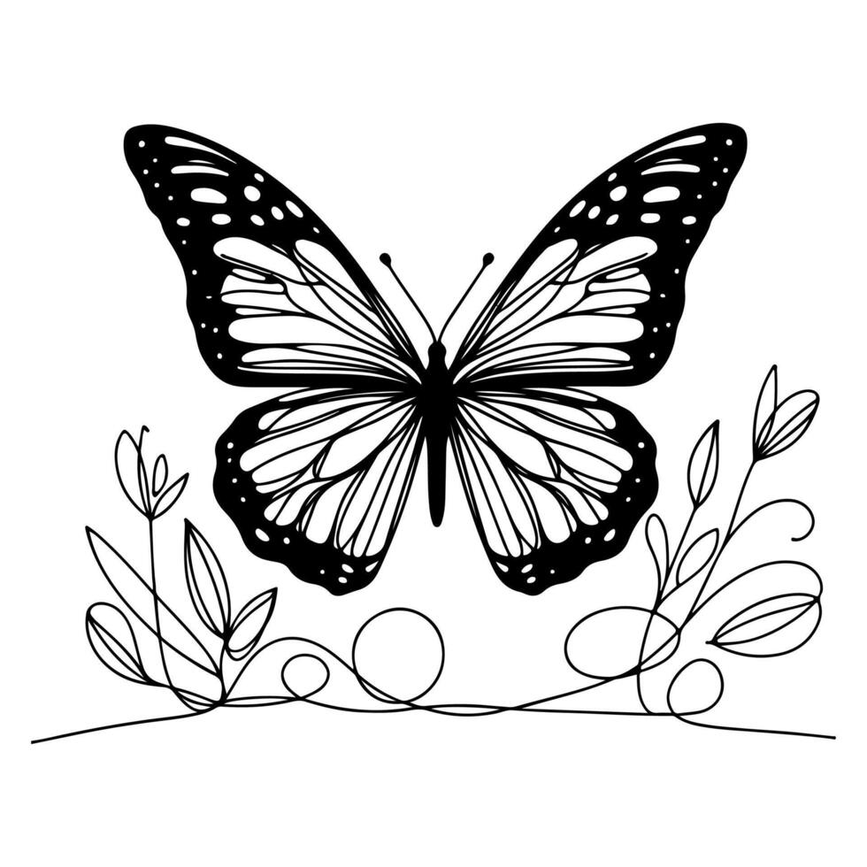 ai generado mariposa contornos garabatear siluetas elemento vector ilustración en blanco antecedentes uno continuo negro línea mano dibujo de monarca mariposa volador