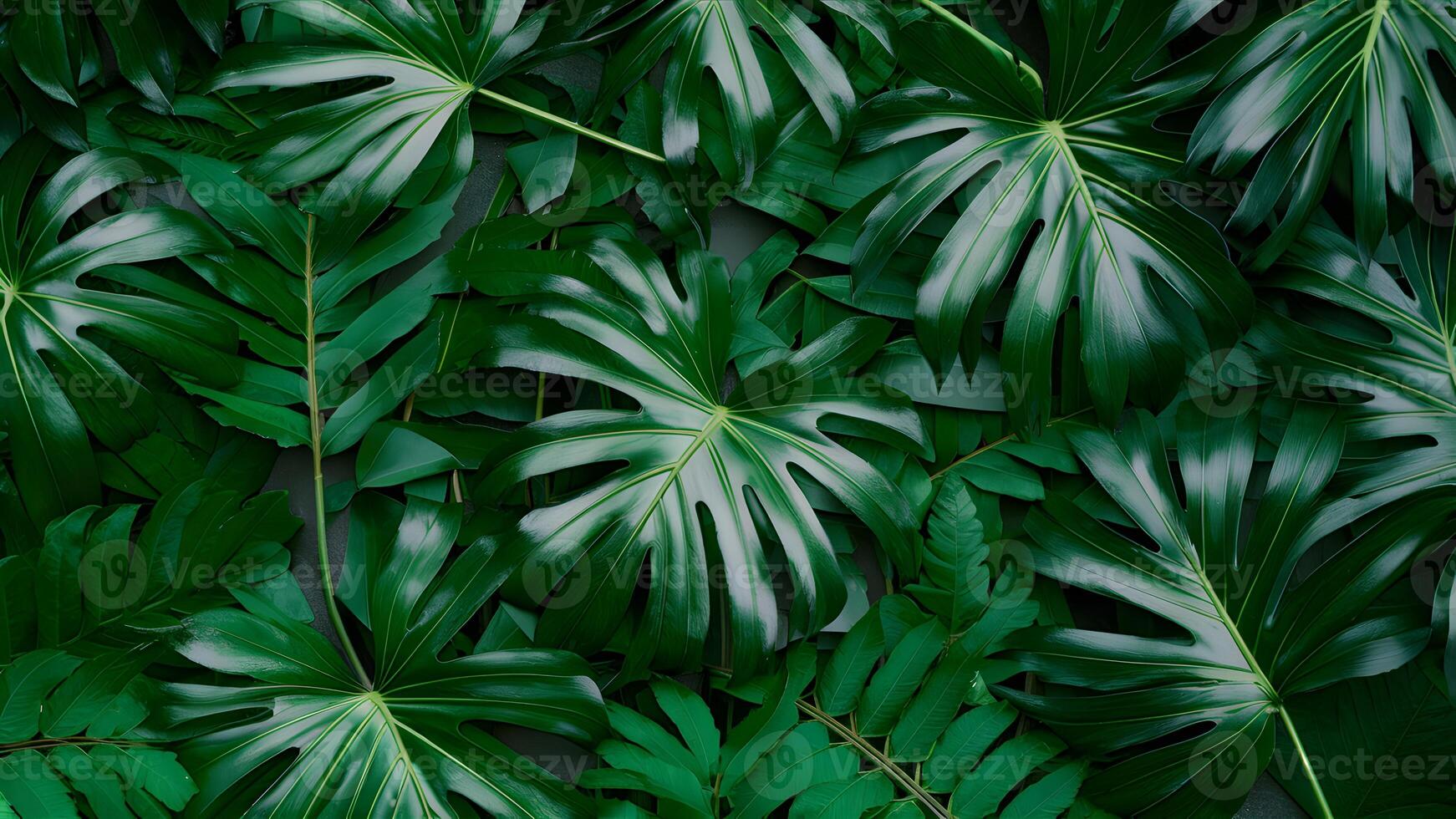 AI generated Green tropical leaves backdrop featuring monstera, palm, fern photo