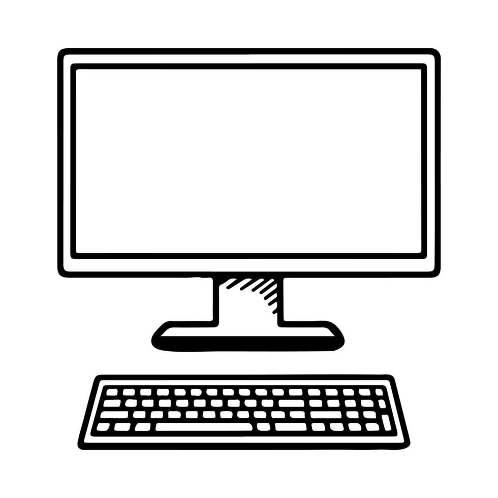 continuo soltero negro línea de cerca moderno escritorio computadora Bosquejo frente ver blanco pantalla con teclado contorno garabatear, vector ilustración en transparente antecedentes