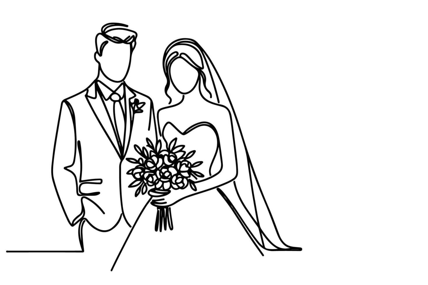 AI generated One continuous single drawing black line art doodle wedding couple bride and groom outlne vector illustration on white background